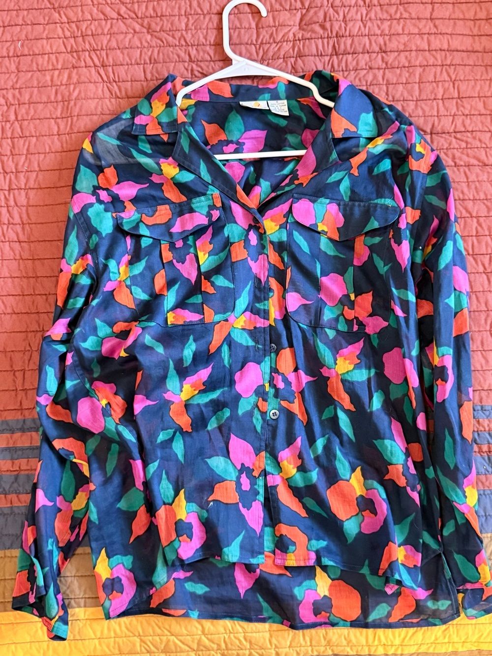 Claiborne Multicolor Floral-Print Navy Button Blouse